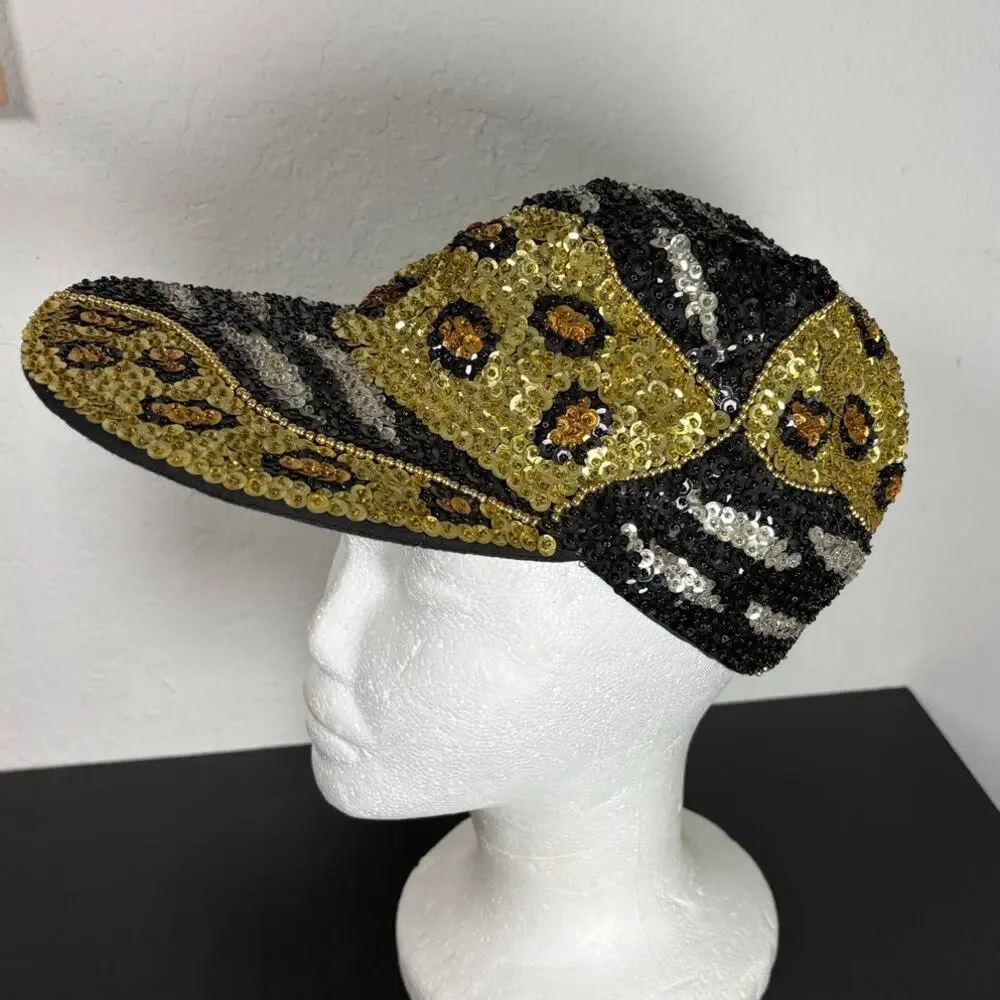 Vintage All Sequin 90s maximalist Animal Print Design Baseball Hat Zebra Cheetah - Picture 3 of 6